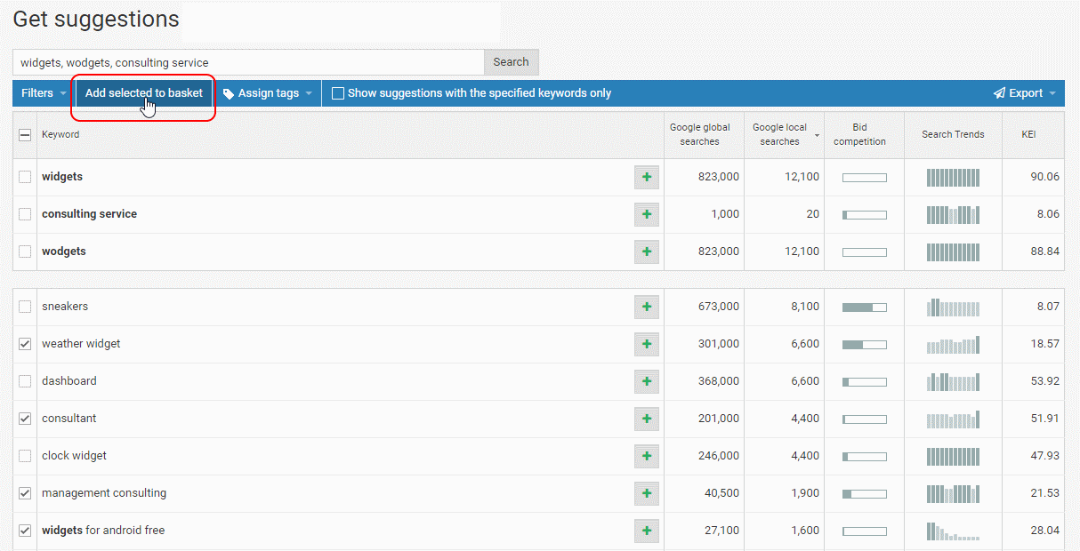 Add keywords to basket in the Self Service SEO tools Keyword planner. Important for search engine marketing. What is seo? SEO is Search Engine Optimisation and means preparing your site so search engines find you and position you in their results.
